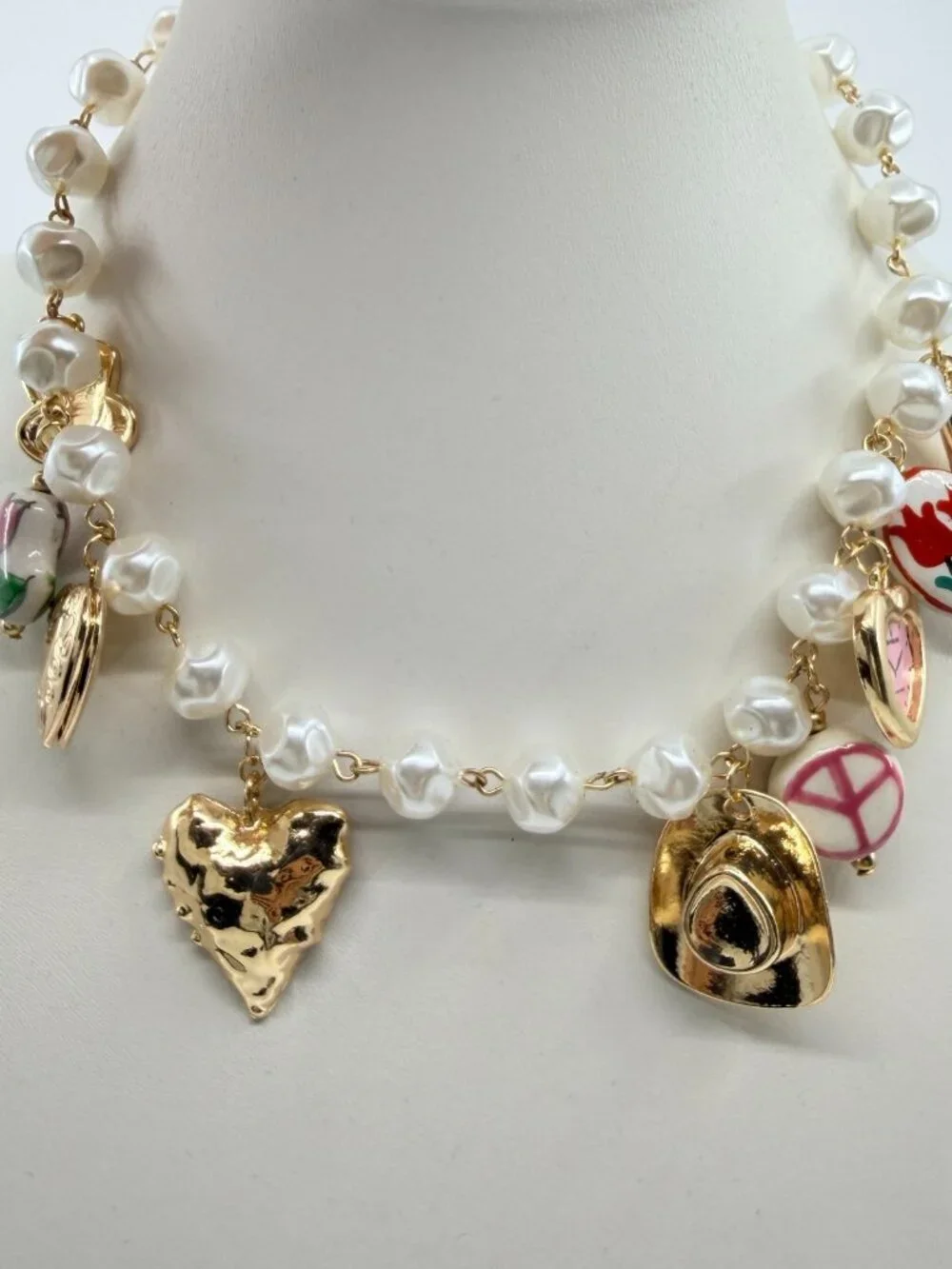 Vintage Gold Tone Faux Pearl Charm Necklace Cowgirl Heart Watch Pendant Quirky